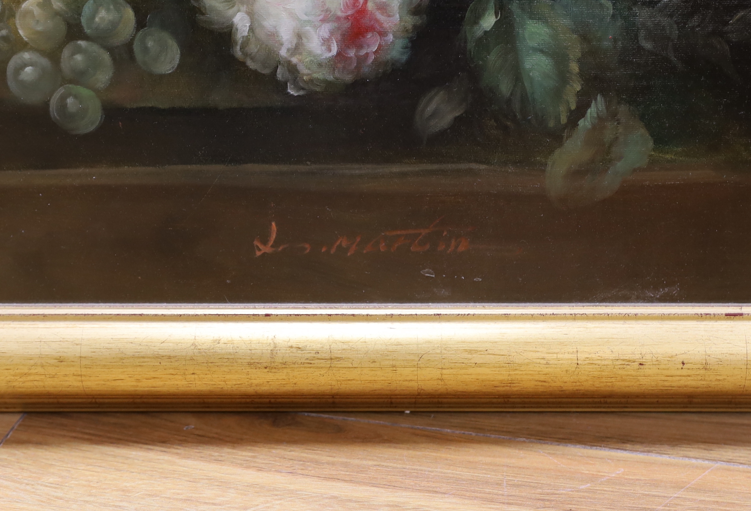 After the 17th century Dutch style, oil on canvas, Still life, vase of flowers and grapes in a vase and on a ledge, indistinctly signed, 120 x 89cm